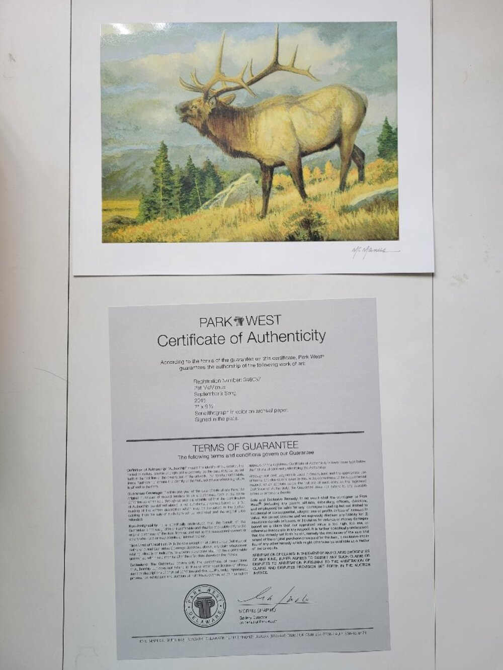 Park West Art Seriolithograph September Song Elk by Pat McManus 7 x 9 1/8" COA